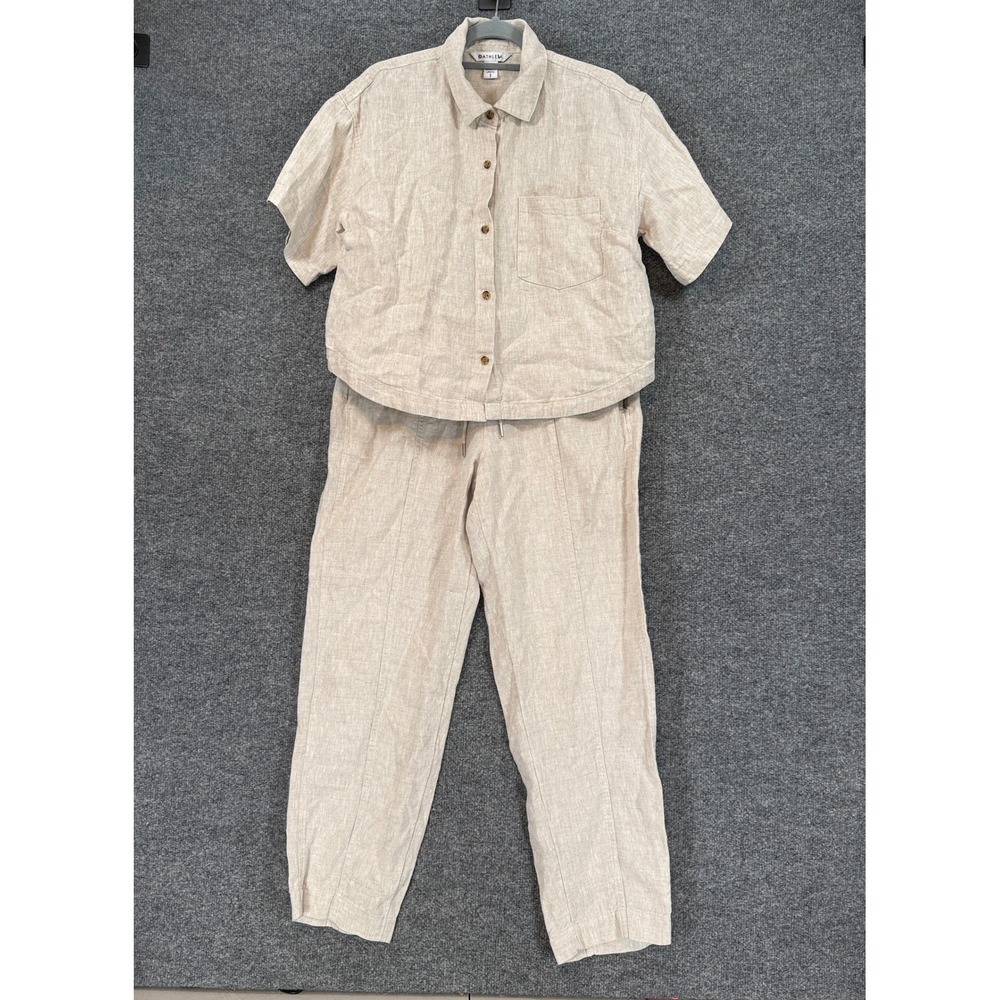 Athleta Linen 2 Piece Set Womens Small Tan Short Sleeve Crop Shirt Tapered Pants